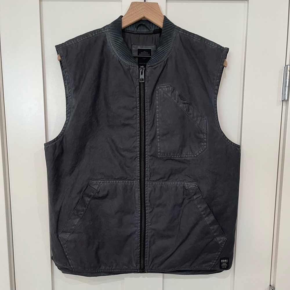 Harley Davidson 🏍️ Coated Distressed Canvas Full Zip Moto Riding Vest Jacket L